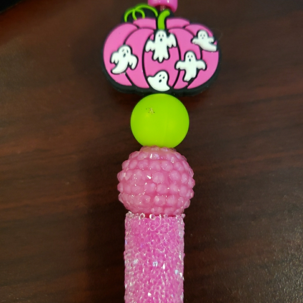 New Handmade Pink Pumpkin with White Ghosts Focal Bead Beaded Pen